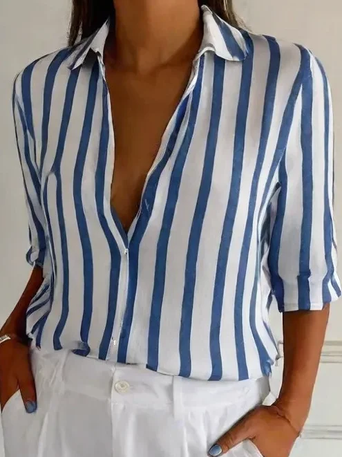 Women Striped Long Sleeve Shirt Spring/Fall Shirt Collar Holiday Vintage Top