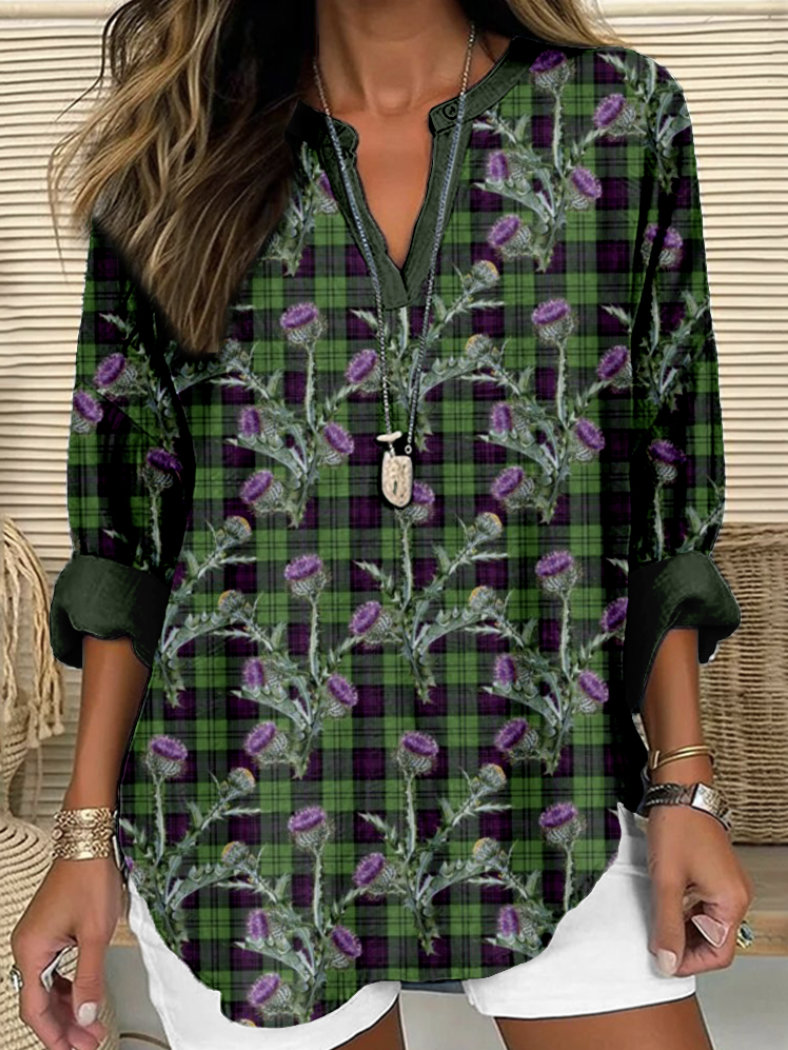 Women's Long Sleeve Shirt Spring/Fall Plaid Cotton V Neck Daily Going Out Casual Top