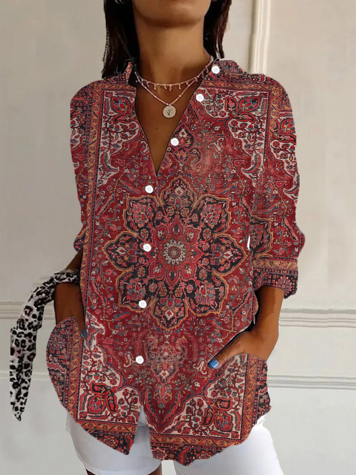 Women's Long Sleeve Shirt Spring/Fall Ethnic Shirt Collar Vacation Going Out Casual Top