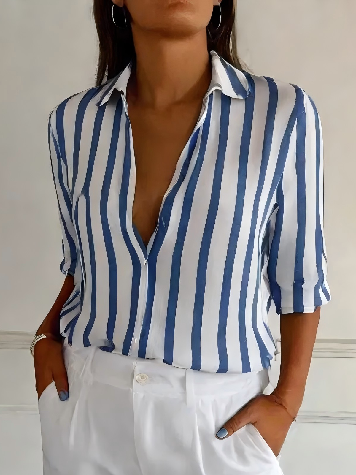 Women Striped Long Sleeve Shirt Spring/Fall Shirt Collar Holiday Vintage Top