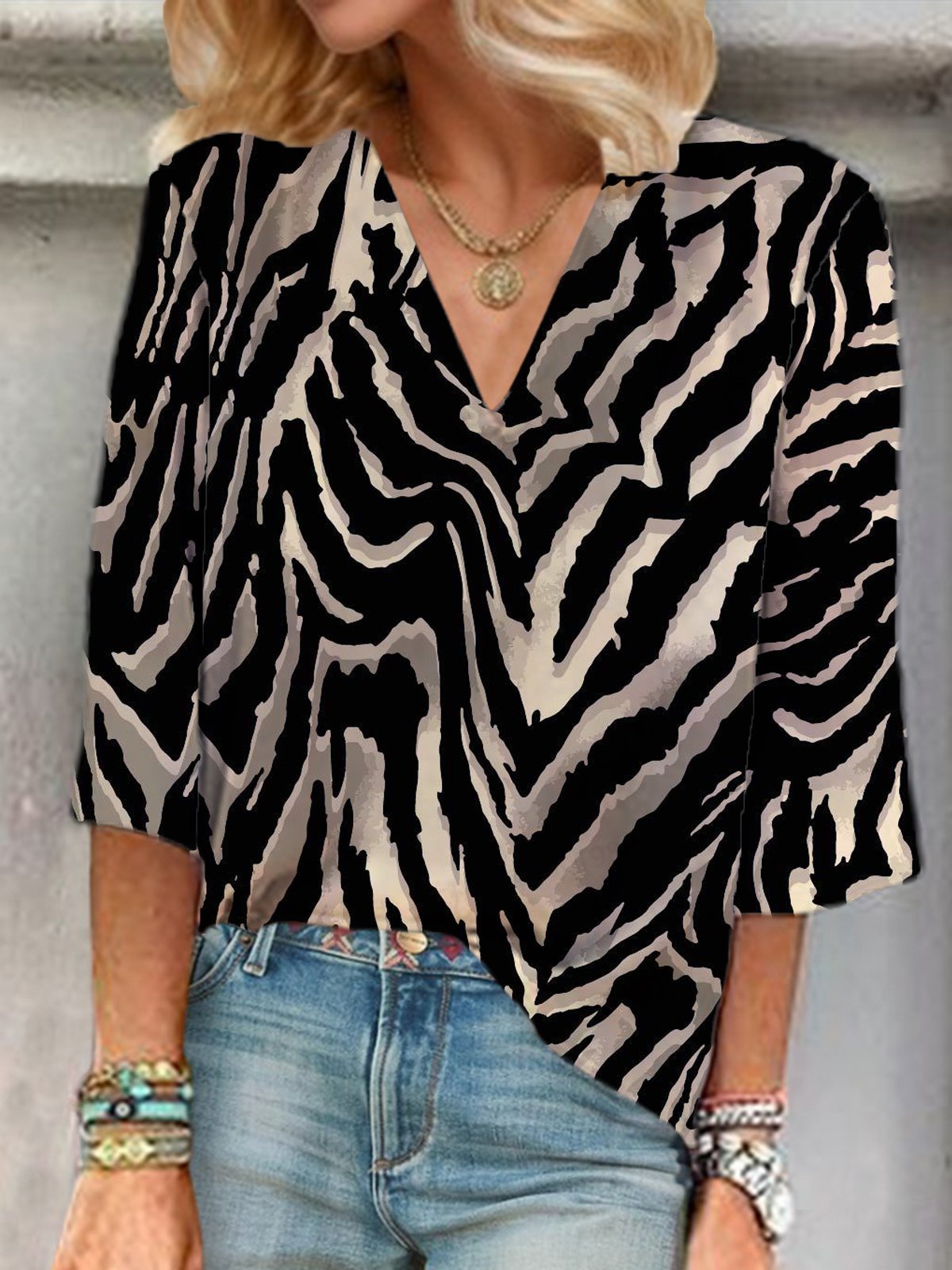 Women's Three Quarter Sleeve Blouse Spring/Fall Zebra V Neck Vacation Going Out Casual Top