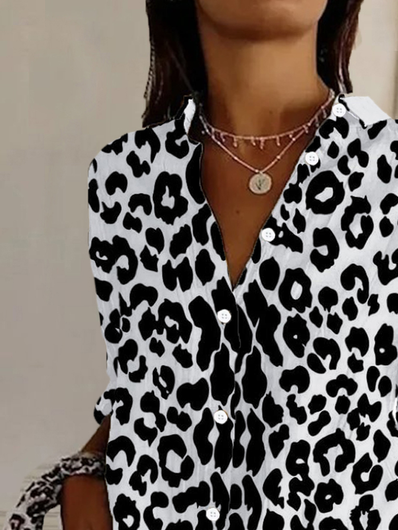 Women's Long Sleeve Shirt Spring/Fall Leopard Shirt Collar Daily Going Out Casual Top