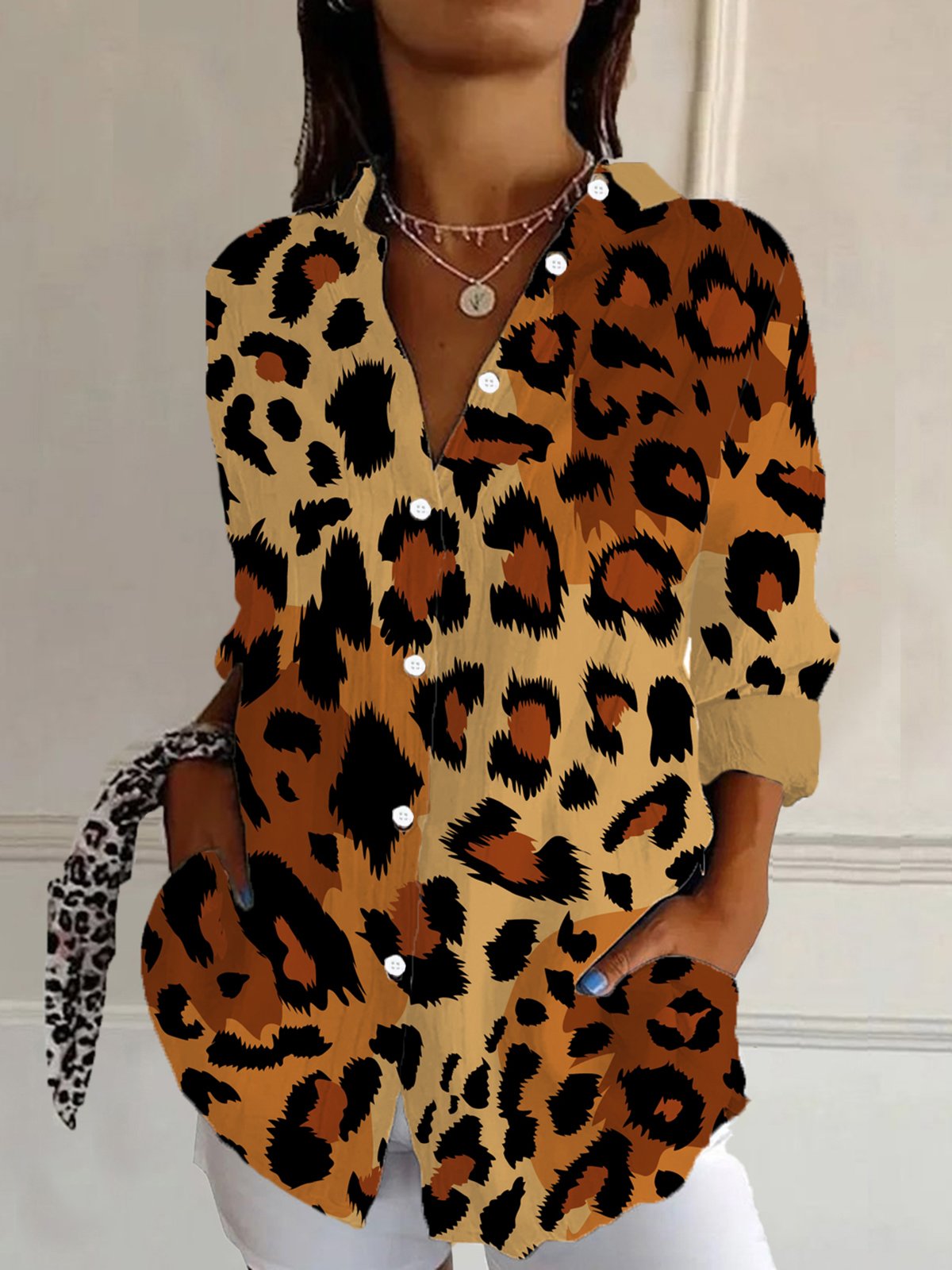 Women's Long Sleeve Shirt Spring/Fall Leopard Shirt Collar Holiday Going Out Casual Top