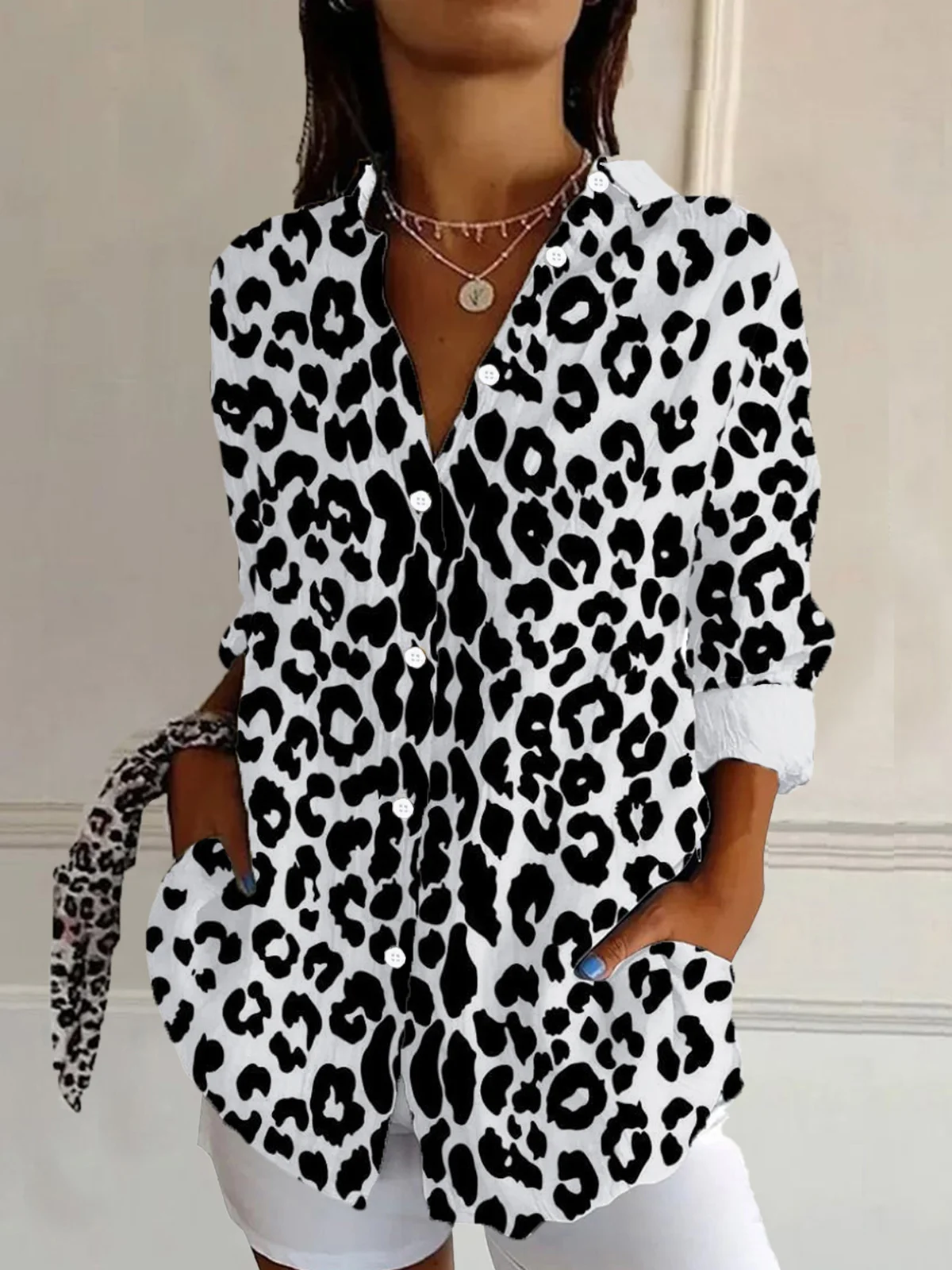 Women's Long Sleeve Shirt Spring/Fall Leopard Shirt Collar Daily Going Out Casual Top