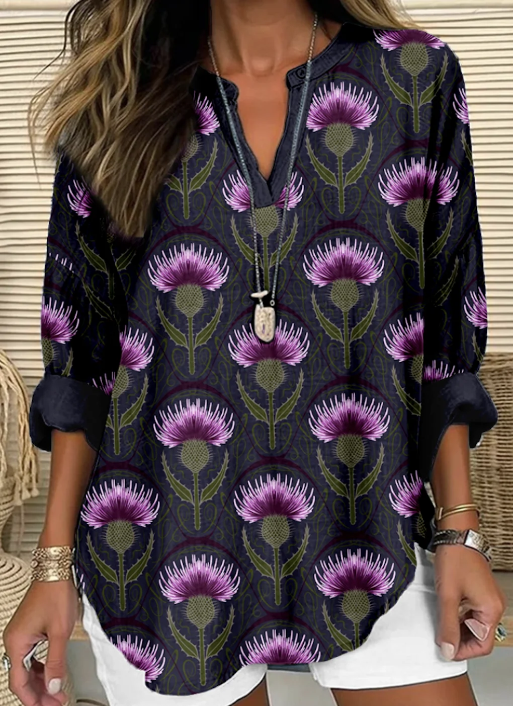 Women's Floral Long Sleeve Shirt Spring/Fall V Neck Daily Casual Top