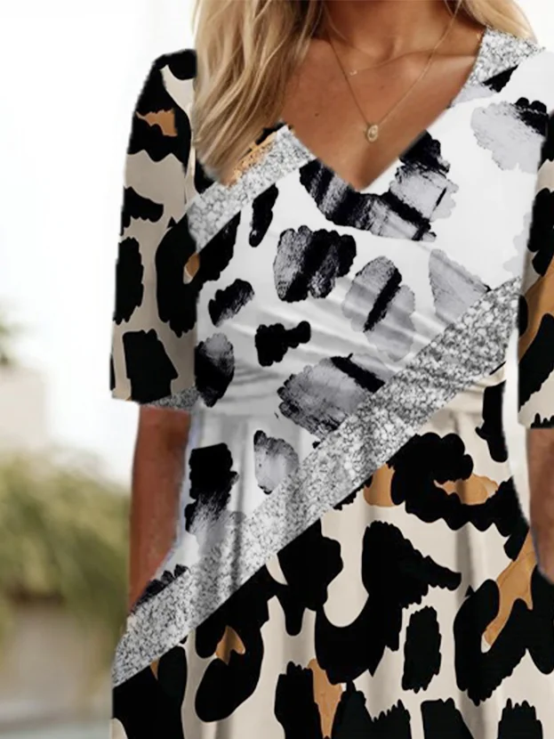 Women's Short Sleeve Summer Leopard Dress V Neck Daily Going Out Casual Maxi A-Line