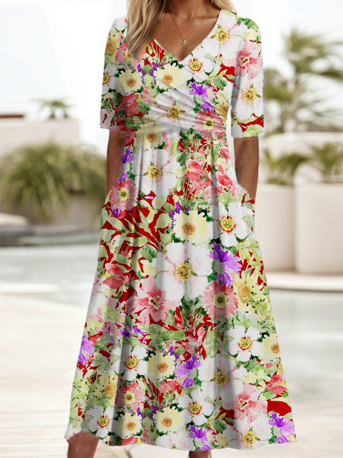 Women's Short Sleeve Summer Floral Dress V Neck Daily Going Out Casual Maxi A-Line