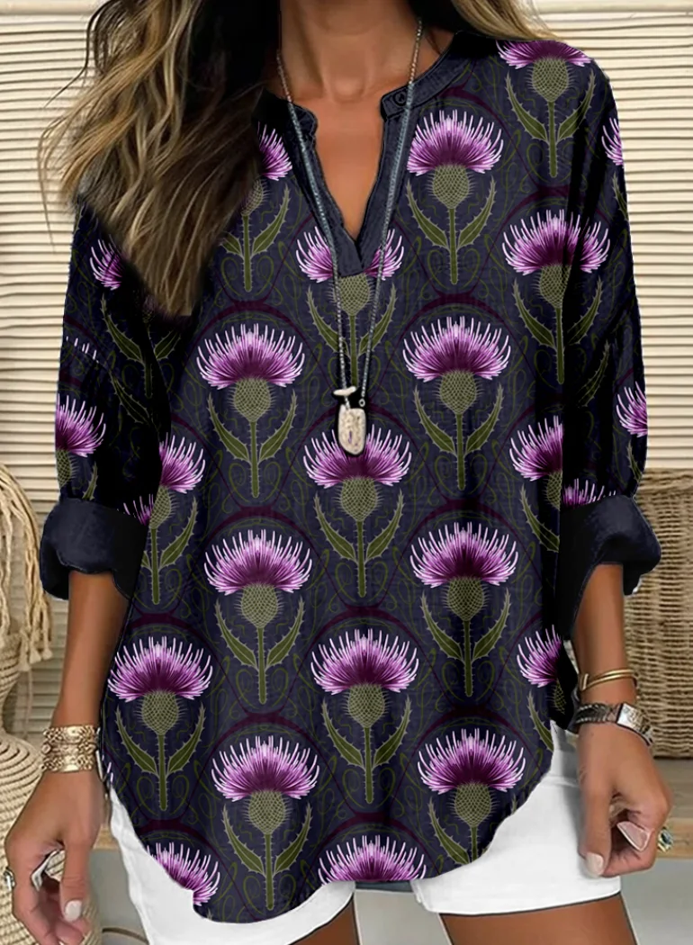 Women's Floral Long Sleeve Shirt Spring/Fall V Neck Daily Casual Top