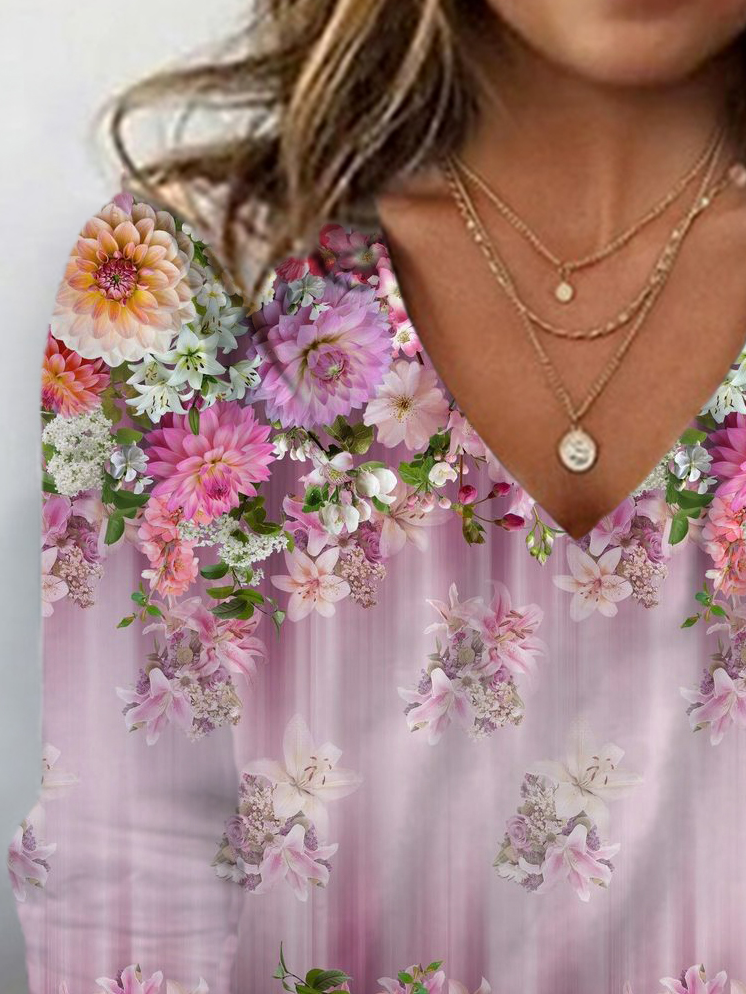 Women's Long Sleeve Tee T-shirt Spring/Fall Floral Jersey V Neck Daily Going Out Casual Top