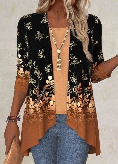 Women's Spring/Fall Floral Outerwear Vintage Ombre Jersey Shawl Jacket