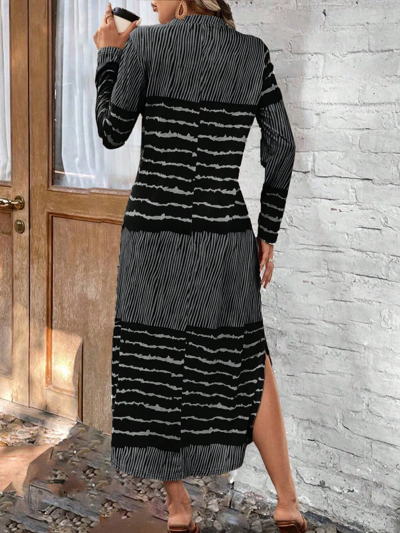 Women's Striped Long Sleeve Spring/Fall Dress Crew Neck Holiday Vintage Maxi T-Shirt Dress H-Line Dress