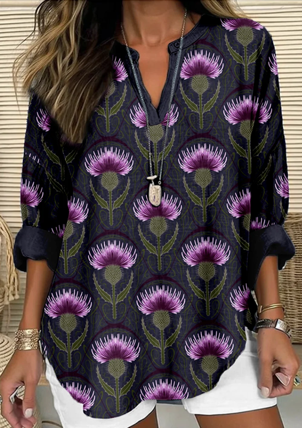 Women's Floral Long Sleeve Shirt Spring/Fall V Neck Daily Casual Top