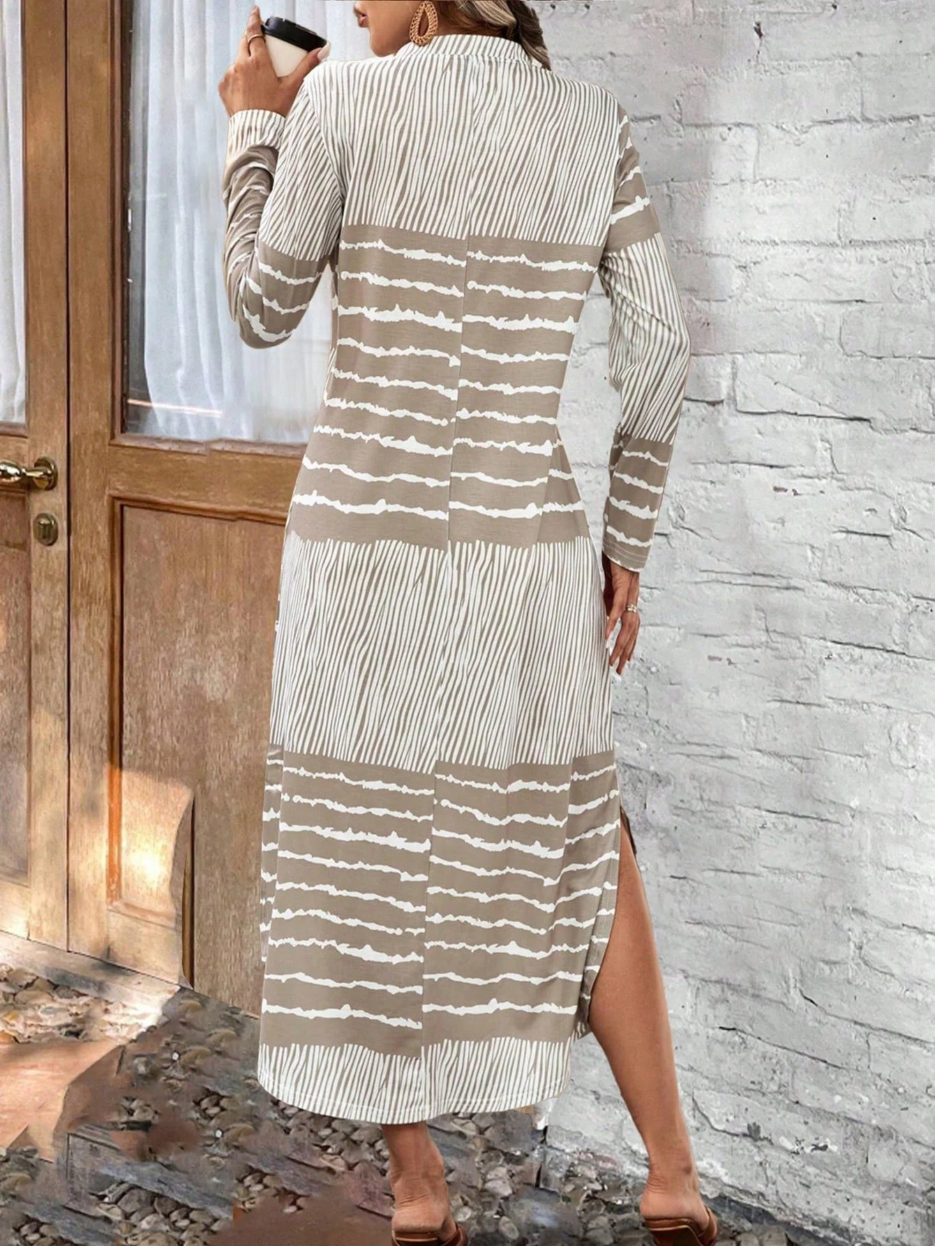 Women's Striped Long Sleeve Spring/Fall Dress Crew Neck Holiday Vintage Maxi T-Shirt Dress H-Line Dress