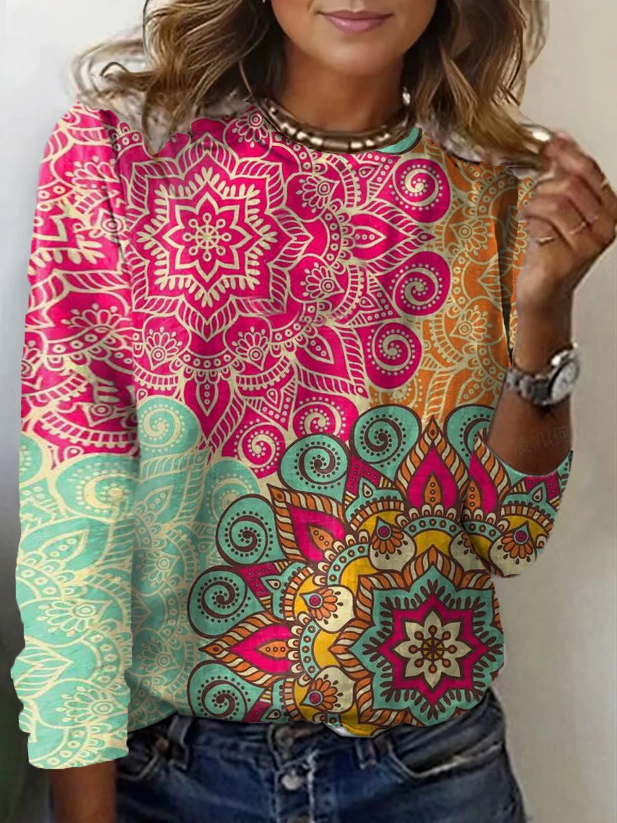 Women's Long Sleeve Tee T-shirt Spring/Fall Ethnic Jersey Crew Neck Daily Going Out Casual Top