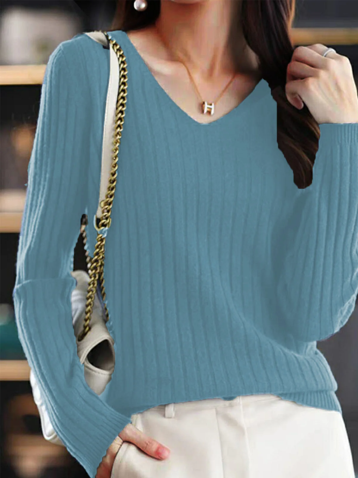 Women's Spring/Fall Plain Casual Long Sleeve V Neck Yarn/Wool Yarn Sweater