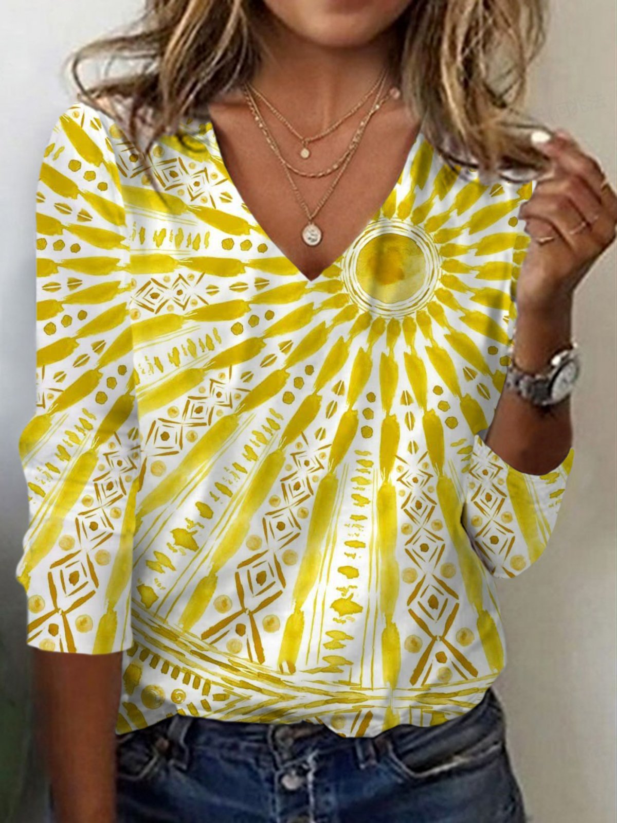 Women's Ethnic Sunshine Print Long Sleeve V Neck T-Shirt