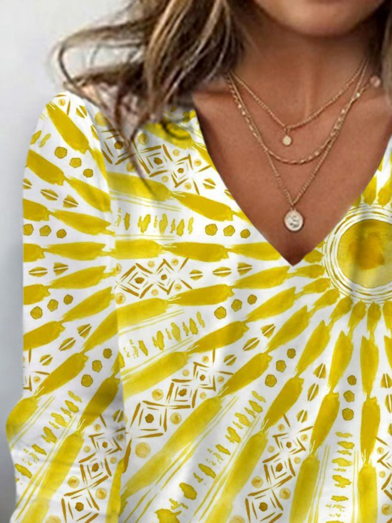 Women's Ethnic Sunshine Print Long Sleeve V Neck T-Shirt