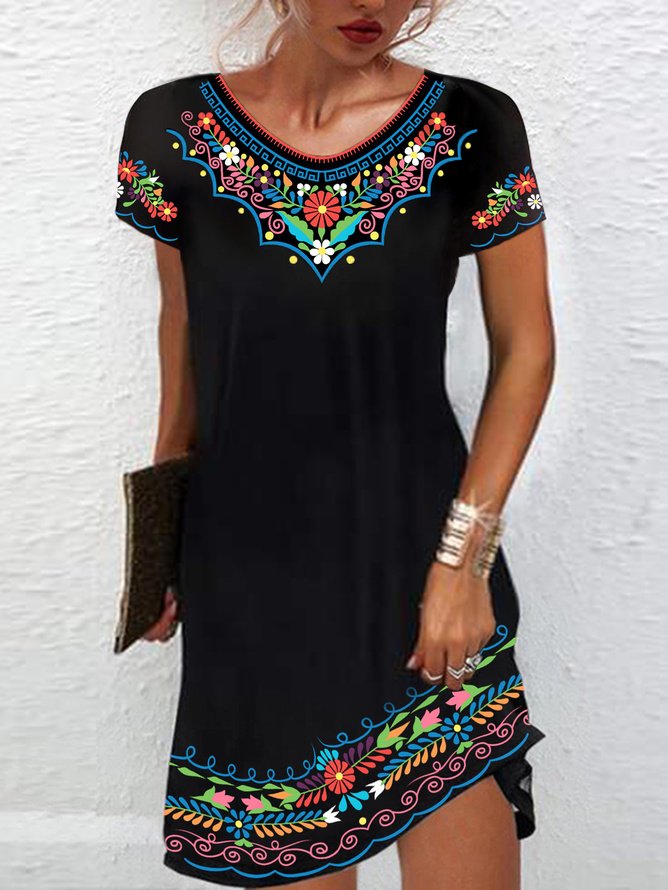 Women's Short Sleeve Summer Ethnic Jersey Dress Crew Neck Daily Going Out Casual Mini H-Line TUNIC