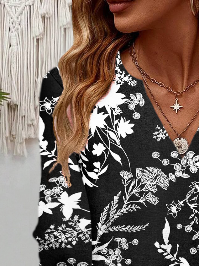 Women's Long Sleeve Floral Blouse Spring/Fall Botanical Pattern Jersey V Neck Daily Going Out Casual Top