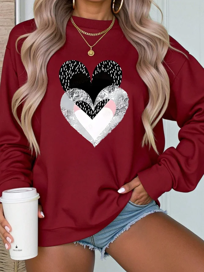 Women's Valentine's Day Heart Print Graphic Long Sleeve Crew Neck Sweatshirt