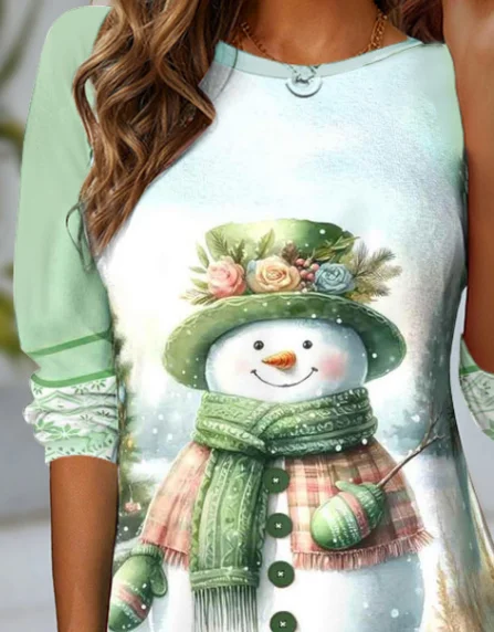 Women's Long Sleeve Tee T-shirt Spring/Fall Christmas Snowman Jersey Crew Neck Daily Going Out Casual Top