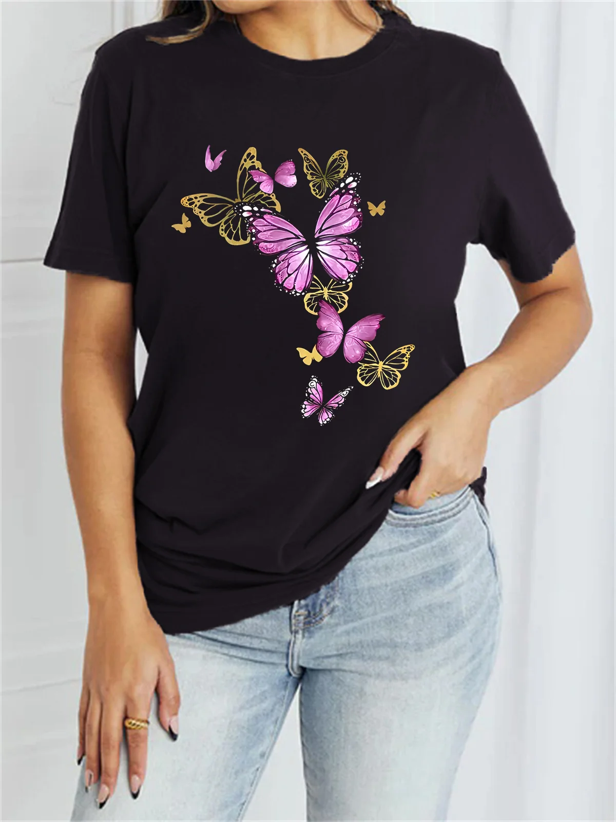 Women's Short Sleeve Tee T-shirt Summer Butterfly Cotton-Blend Crew Neck Daily Going Out Casual Top