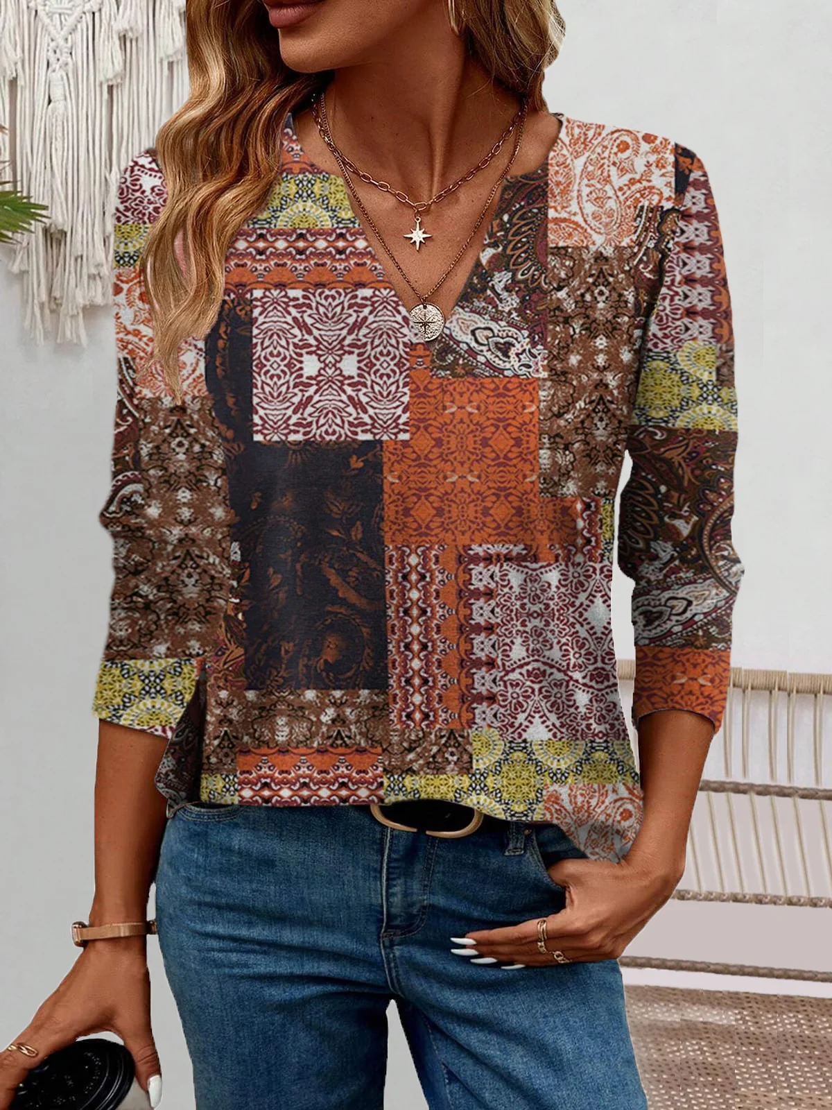 Women's Long Sleeve Blouse Spring/Fall Botanical Pattern Jersey V Neck Daily Going Out Casual Top