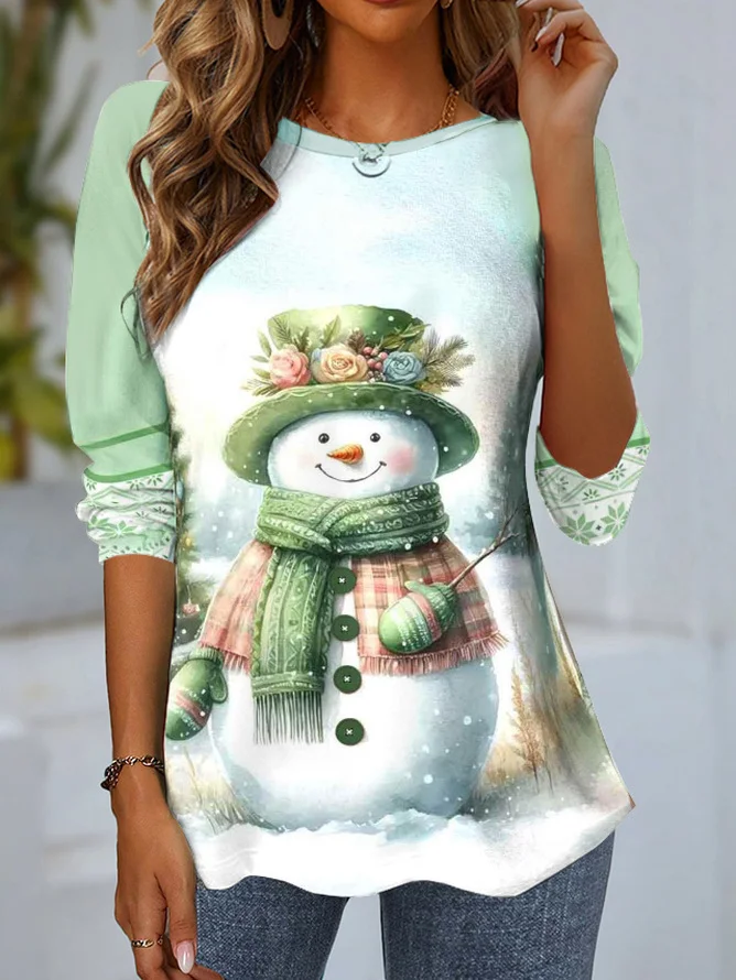 Women's Long Sleeve Tee T-shirt Spring/Fall Christmas Snowman Jersey Crew Neck Daily Going Out Casual Top