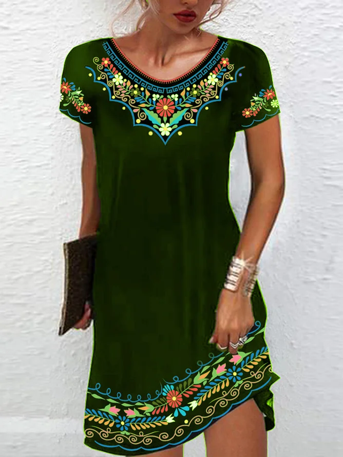 Women's Short Sleeve Summer Ethnic Jersey Dress Crew Neck Daily Going Out Casual Mini H-Line TUNIC