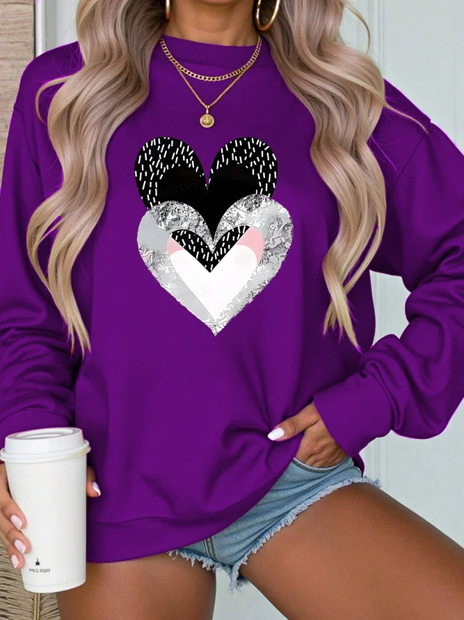 Women's Valentine's Day Heart Print Graphic Long Sleeve Crew Neck Sweatshirt