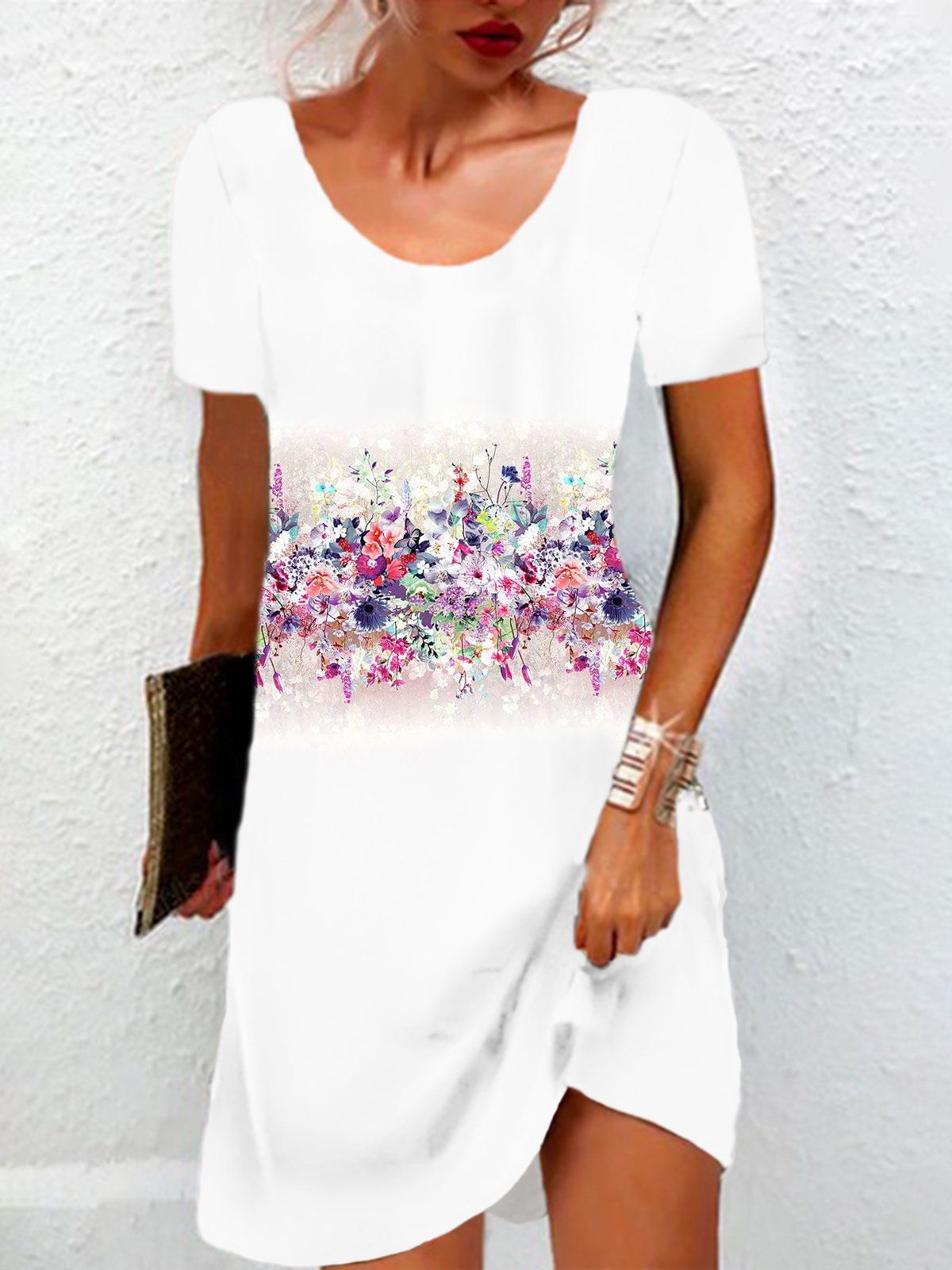 Women's Short Sleeve Summer Floral Jersey Dress Crew Neck Daily Going Out Casual Mini H-Line TUNIC