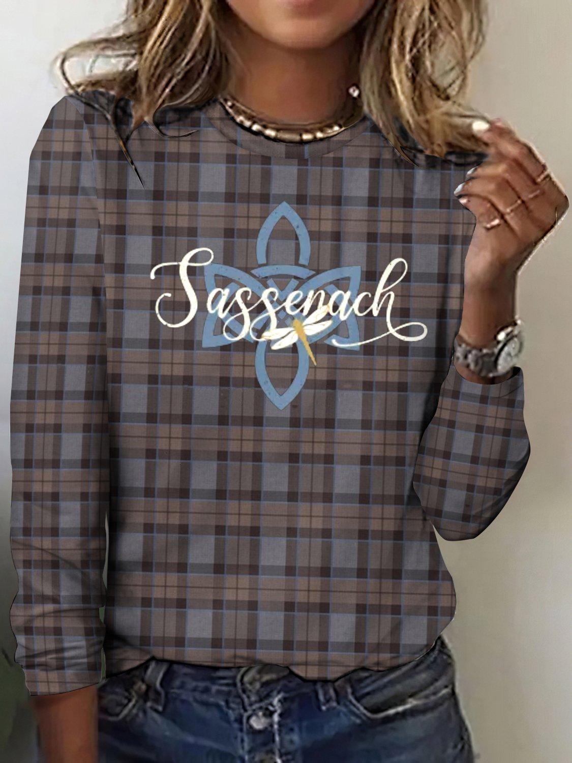 Women's Long Sleeve Tee T-shirt Spring/Fall Plaid Cotton Crew Neck Daily Going Out Vintage Top