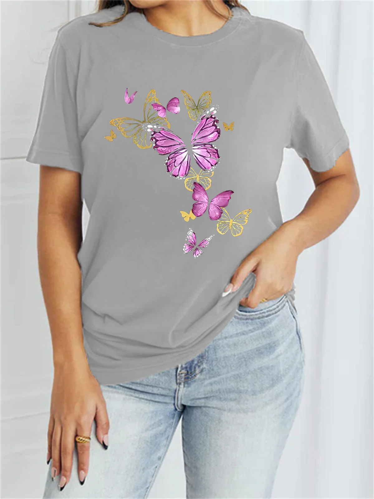 Women's Short Sleeve Tee T-shirt Summer Butterfly Cotton-Blend Crew Neck Daily Going Out Casual Top