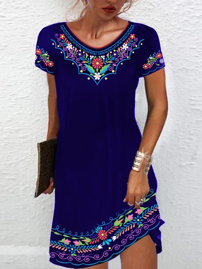 Women's Short Sleeve Summer Ethnic Jersey Dress Crew Neck Daily Going Out Casual Mini H-Line TUNIC