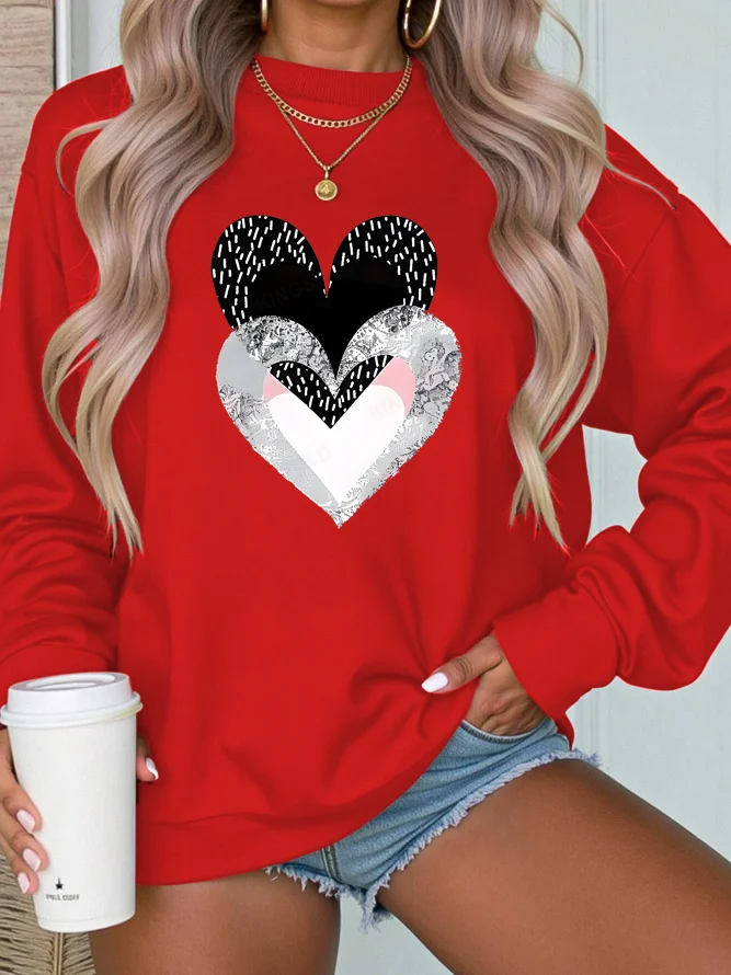 Women's Valentine's Day Heart Print Graphic Long Sleeve Crew Neck Sweatshirt