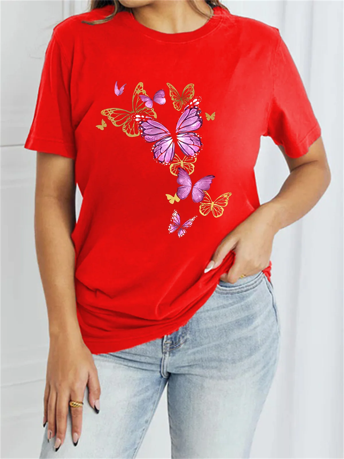 Women's Short Sleeve Tee T-shirt Summer Butterfly Cotton-Blend Crew Neck Daily Going Out Casual Top