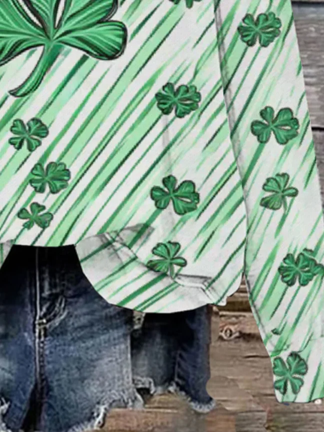 Women's St Patricks Day Four-leaf Clover Print Casual Crew Neck Sweatshirt