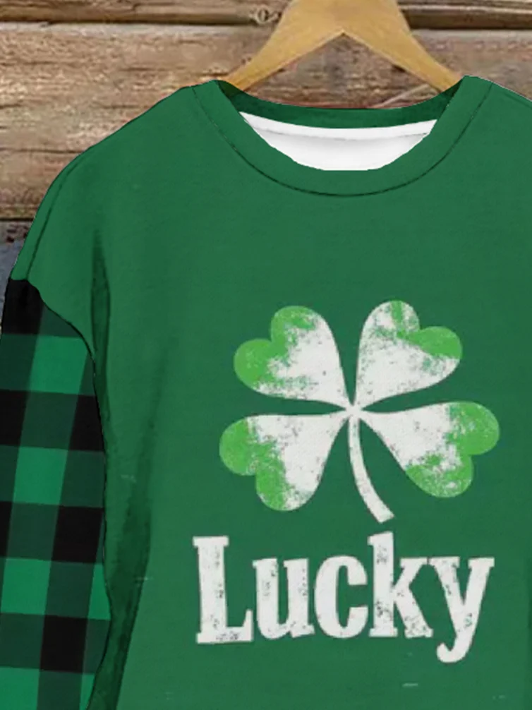 Women's St Patricks Day Lucky Four-leaf Clover Print Long Sleeve Crew Neck Sweatshirt