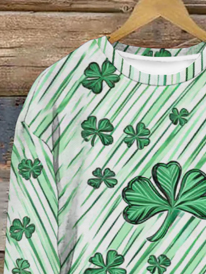 Women's St Patricks Day Four-leaf Clover Print Casual Crew Neck Sweatshirt