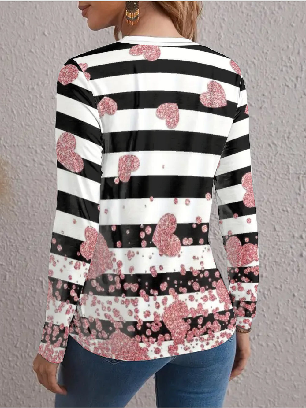 Women's Valentine's Day Striped Love Hear Print Long Sleeve T-shirt