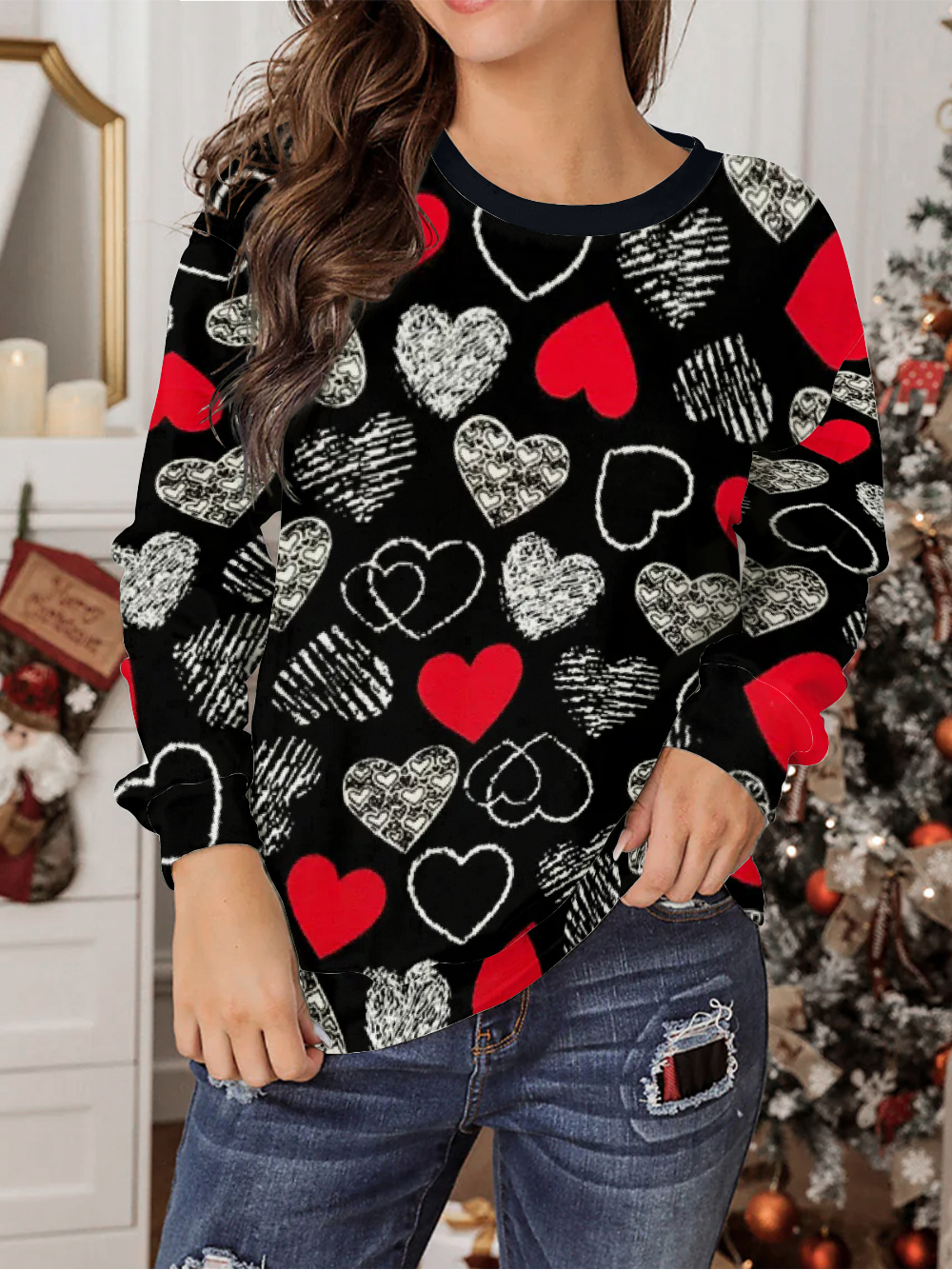 Women's Valentine's Day Love Print Graphic Long Sleeve Crew Neck Sweatshirt