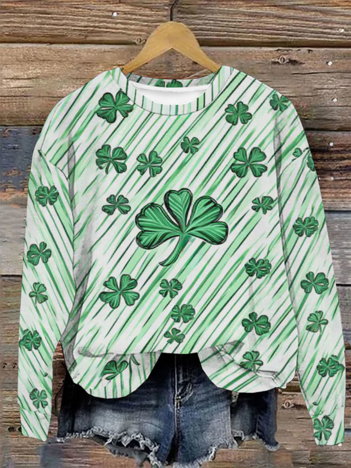 Women's St Patricks Day Four-leaf Clover Print Casual Crew Neck Sweatshirt