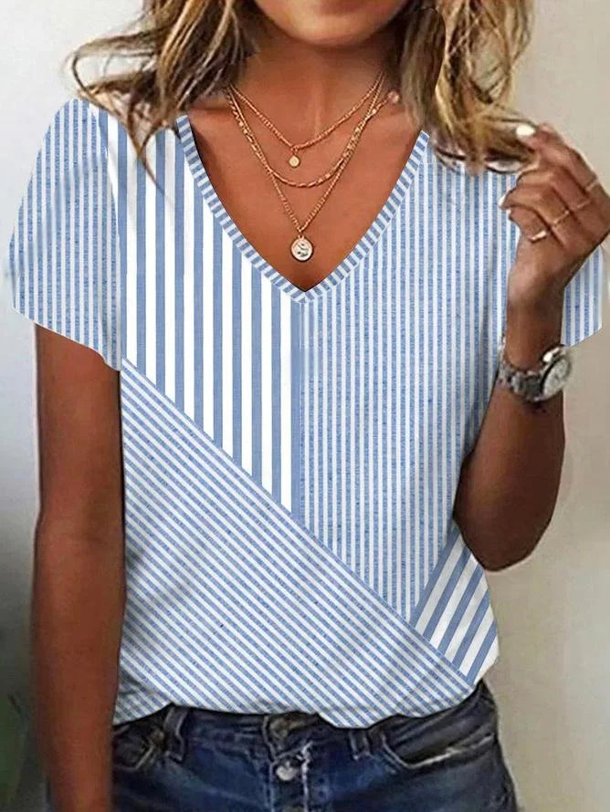 Women's Short Sleeve Tee T-shirt Summer Striped Jersey V Neck Holiday Going Out Vintage Top