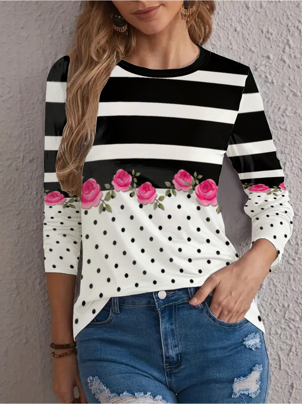 Women's Long Sleeve Tee T-shirt Spring/Fall Striped Jersey Crew Neck Holiday Going Out Casual Top