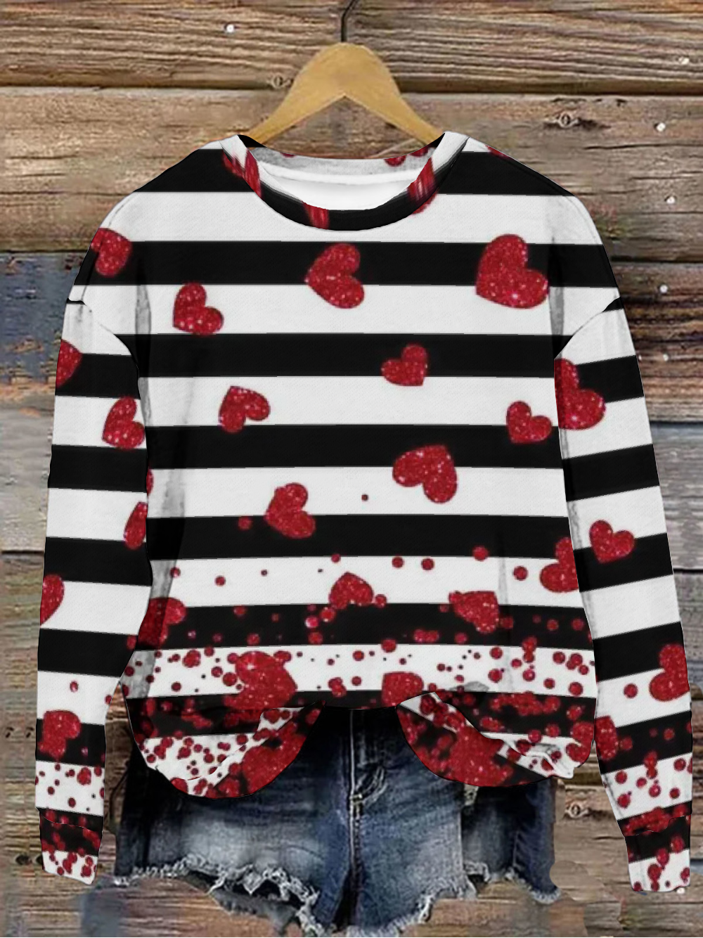 Women's Valentine's Day Striped Love Hear Print Long Sleeve Sweatshirt