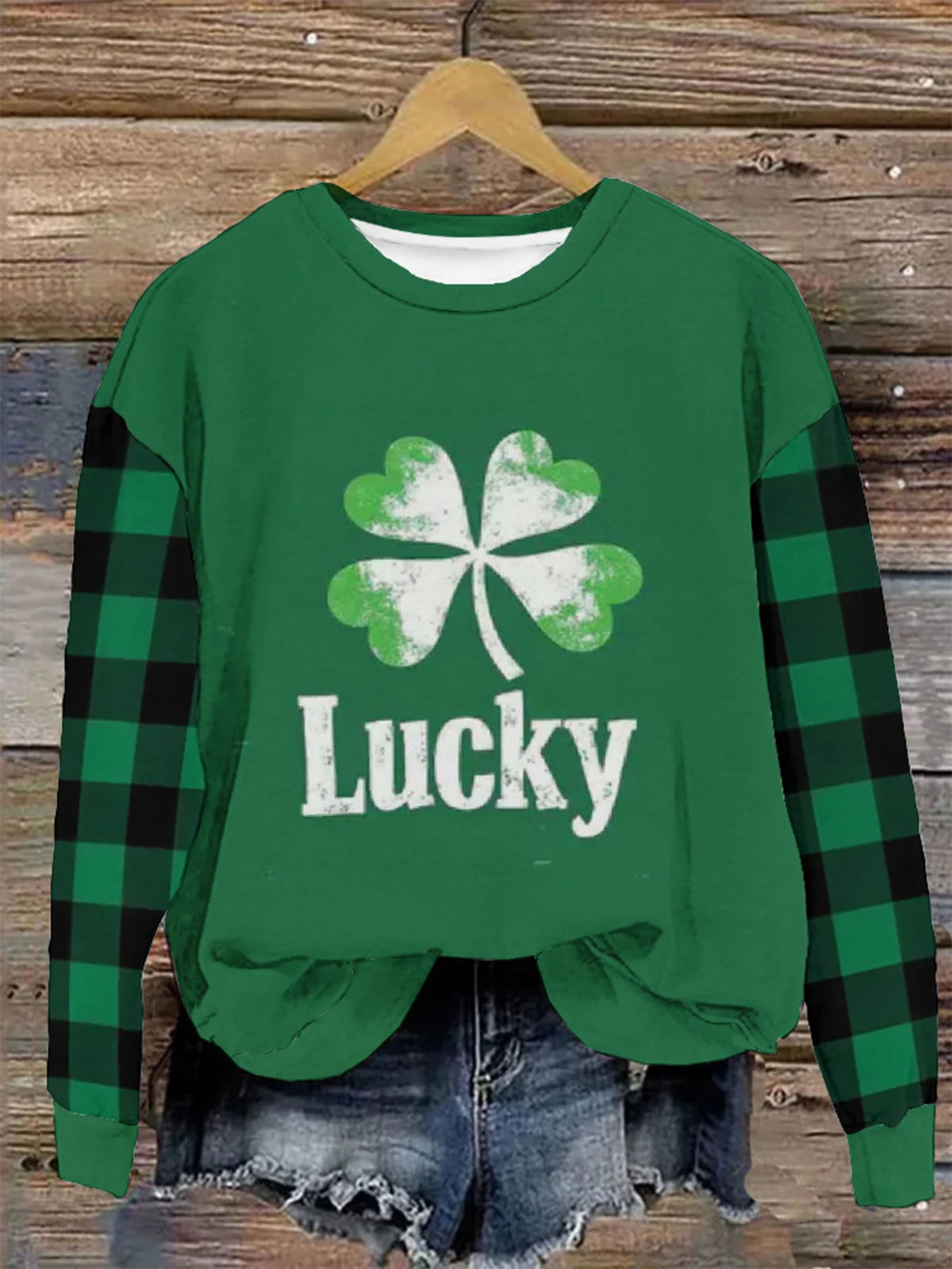 Women's St Patricks Day Lucky Four-leaf Clover Print Long Sleeve Crew Neck Sweatshirt