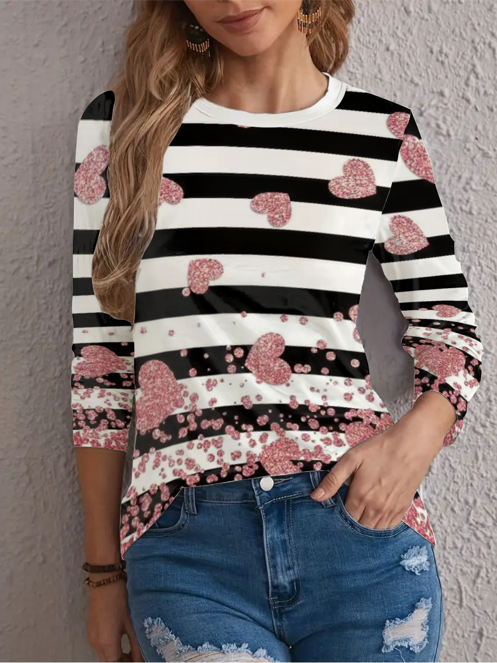 Women's Valentine's Day Striped Love Hear Print Long Sleeve T-shirt