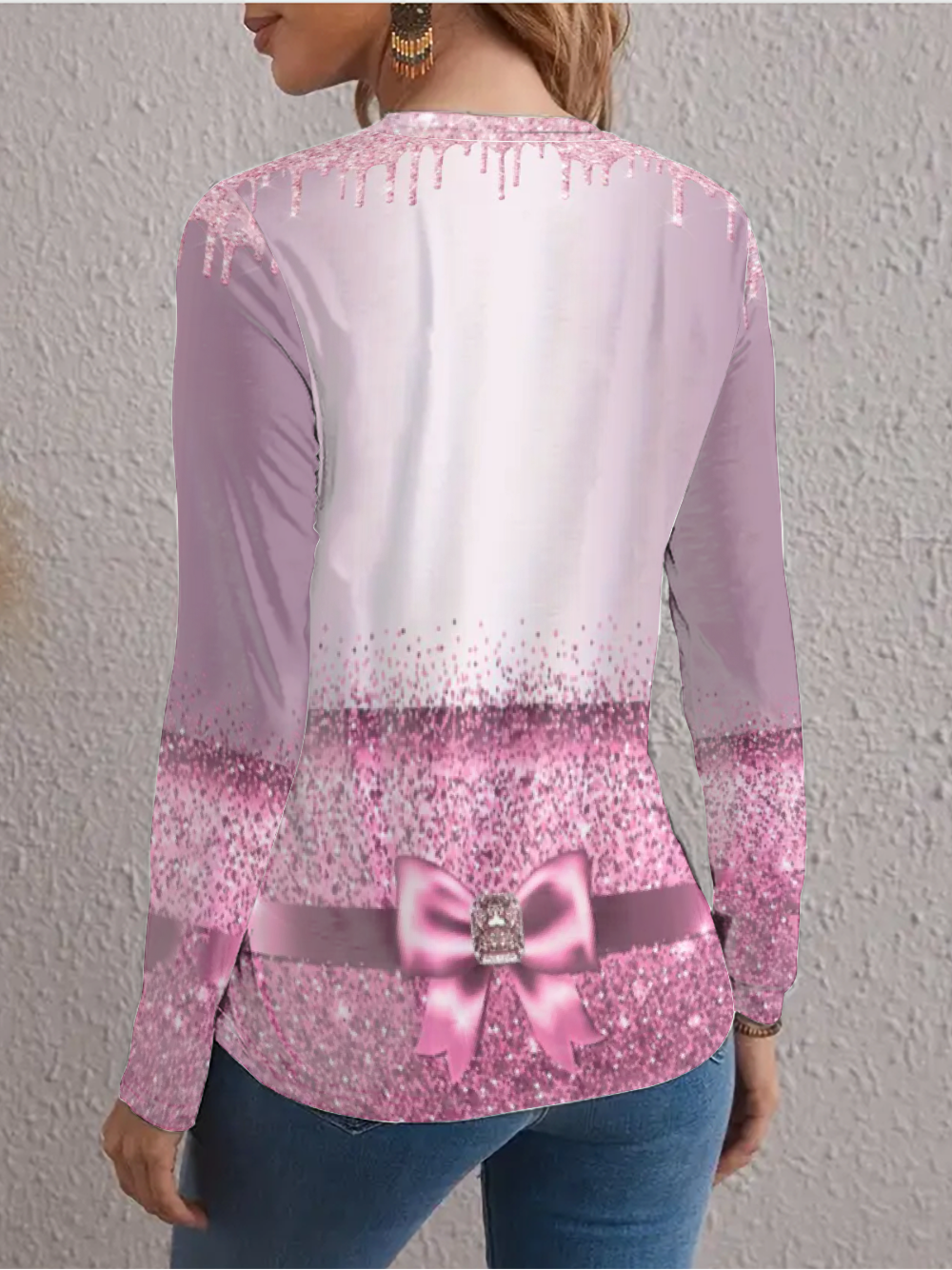 Women's Pink Bow Print Holiday Long Sleeve Crew Neck T-shirt