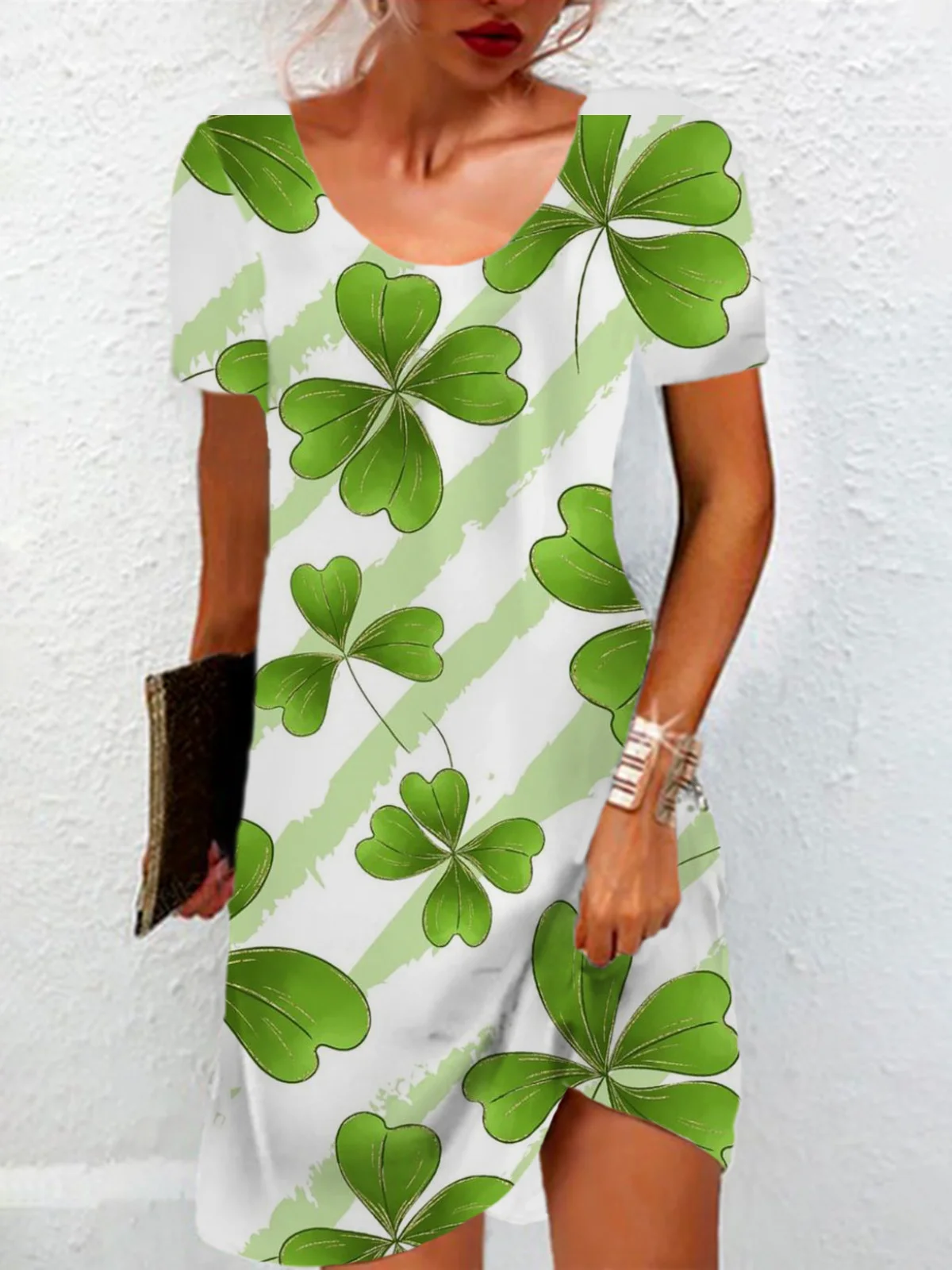 Women's St Patricks Day Four-leaf Clover Print Mini Short Sleeve Dress