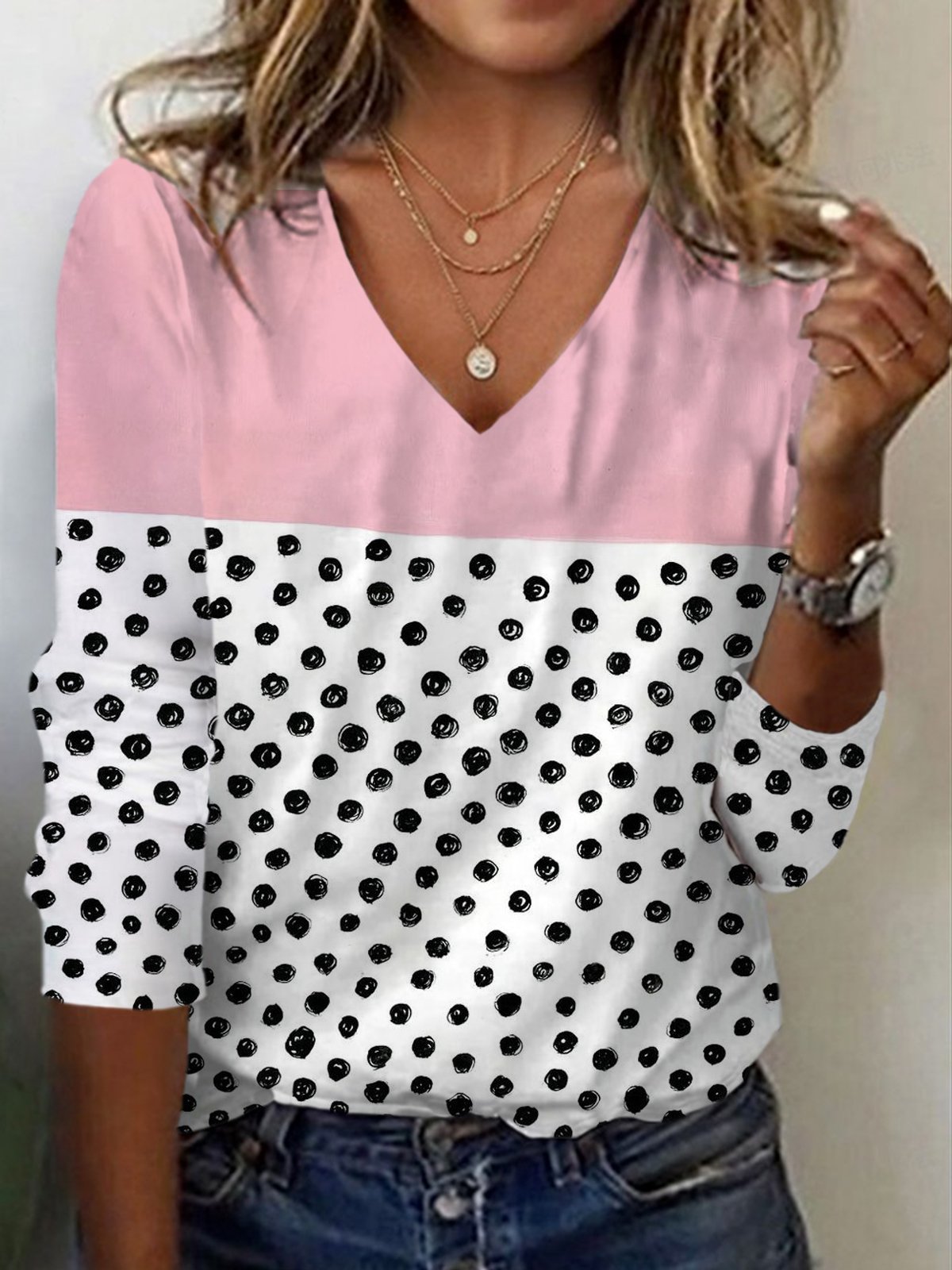 Women's Long Sleeve Tee T-shirt Spring/Fall Polka Dots Jersey V Neck Daily Going Out Casual Top